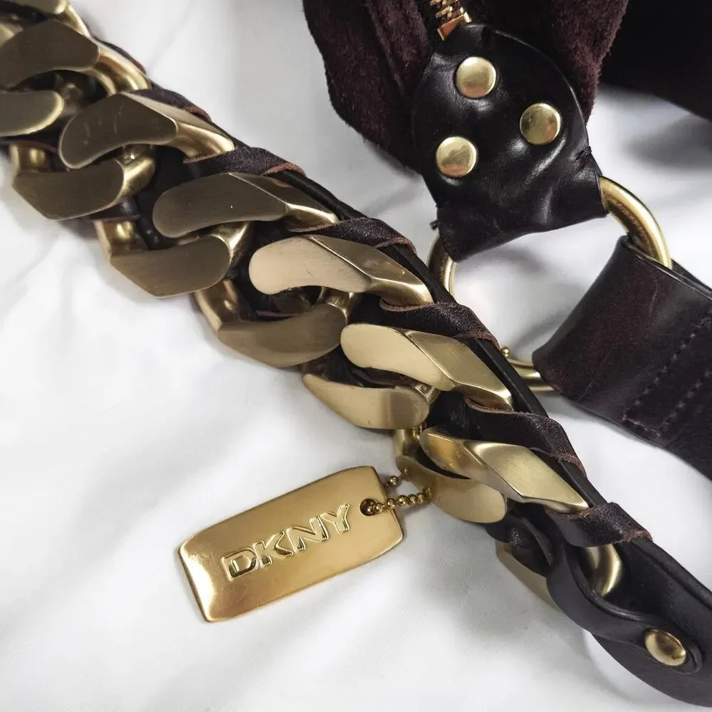 DKNY Slouchy Hobo Bag Brown Suede Chain Strap Y2K Boho Luxe